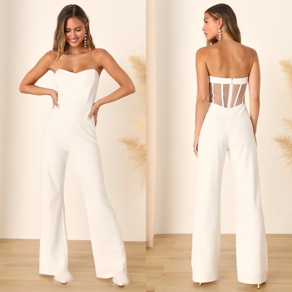 Fashionista Nights Ivory Strapless Bustier Wide-Leg Jumpsuit